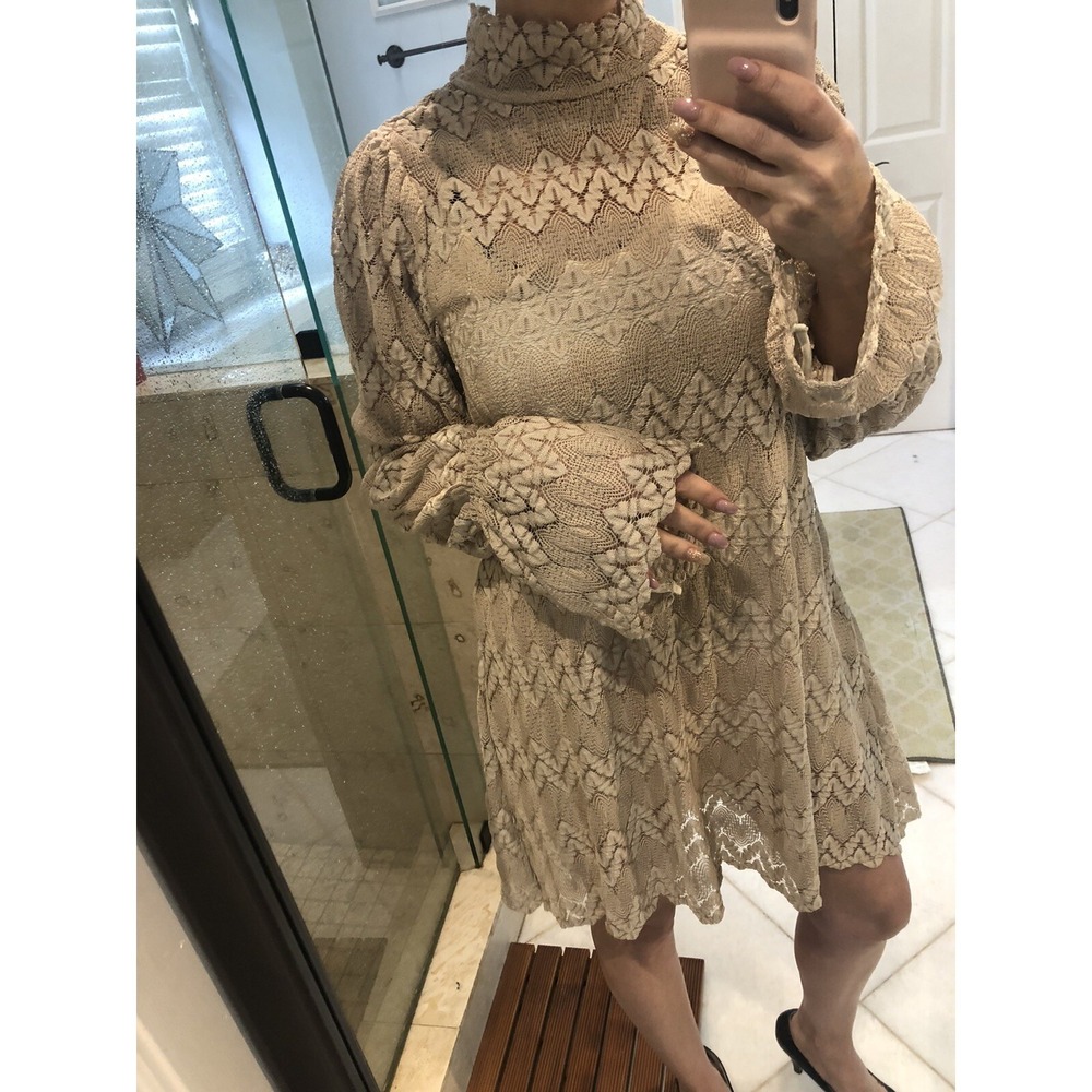 Free People Lace Dress Swing Hi Neck Long Sleeves Boho Beige Ivory XS Slip